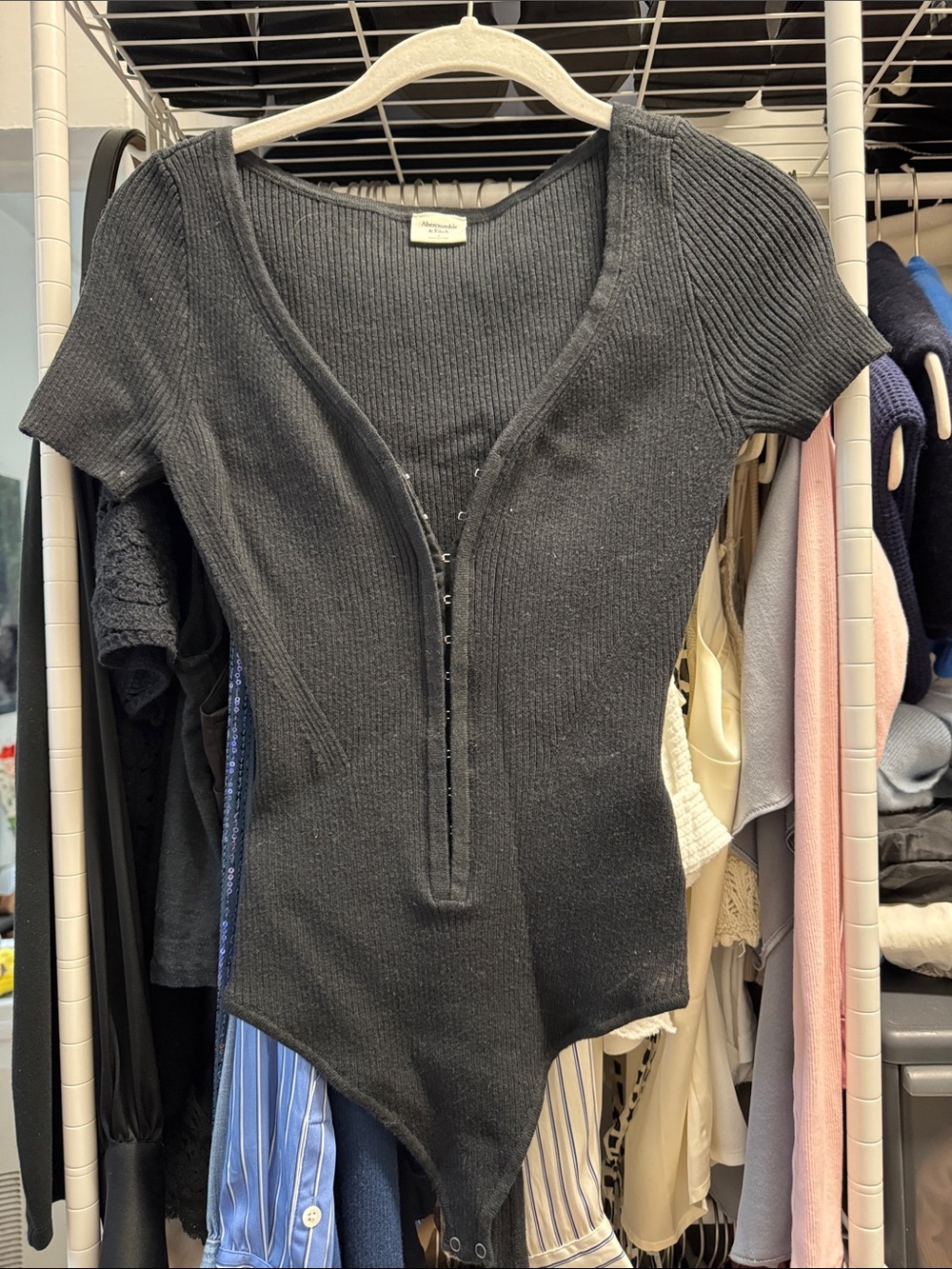 Abercrombie & Fitch Black Ribbed V-Neck Hook-Front Short Sleeve Bodysuit